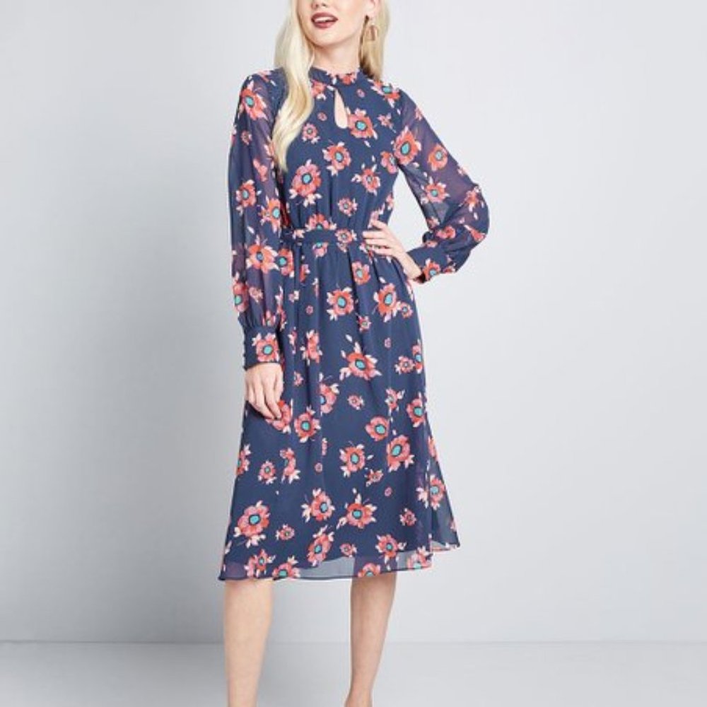 ModCloth Navy Floral Midi Dress with Coral-Pink Blooms